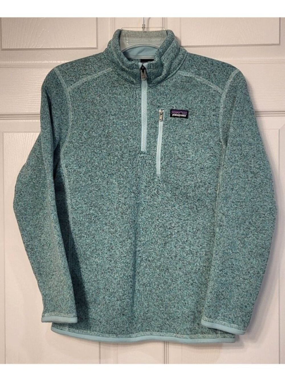 Patagonia YXL Heather Green 1/4 Zip Fleece Sweatshirt Pocket Stand Up Collar
